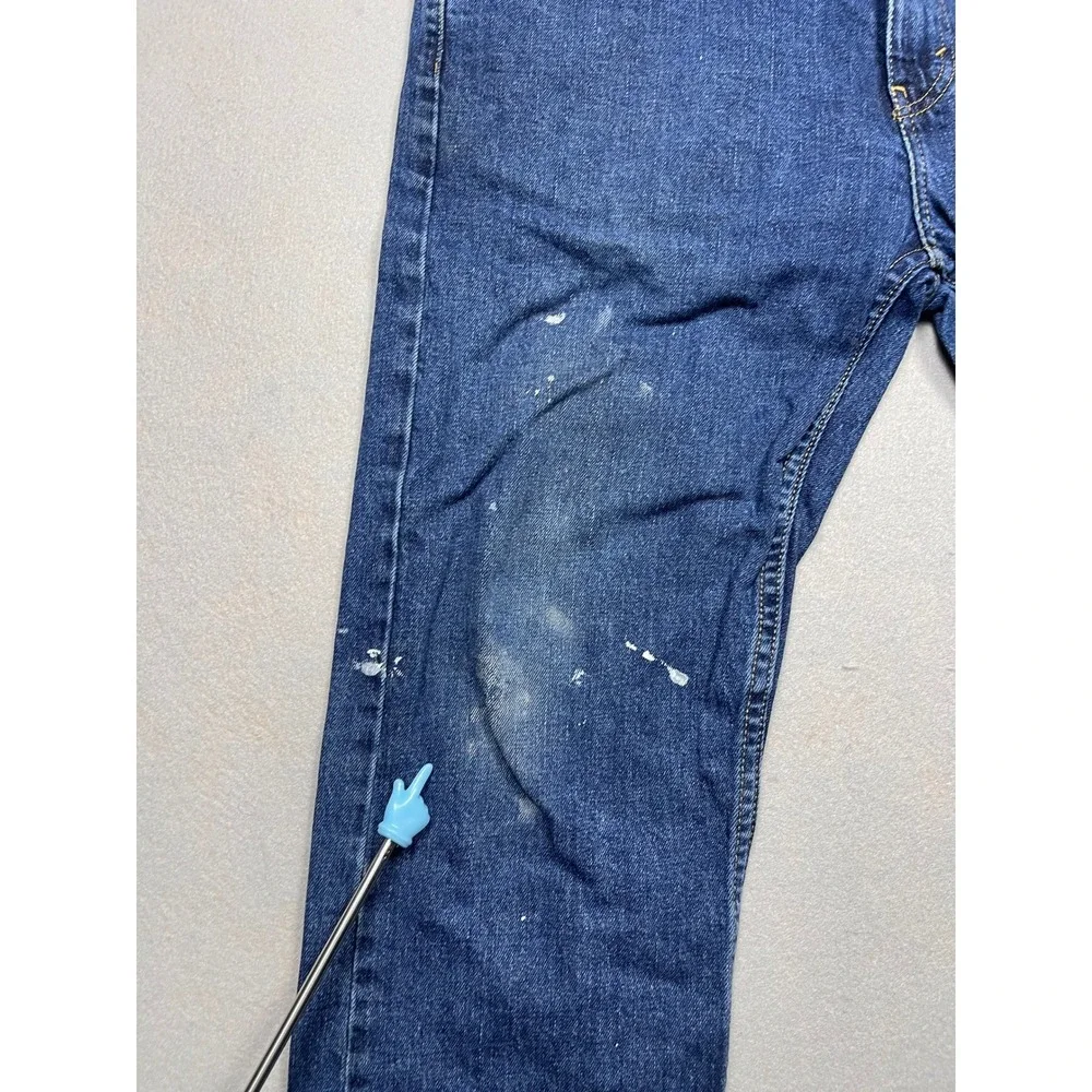 Levis 513 Slim Straight Jeans Mens 34x32 Blue Denim Distressed Paint Splatter